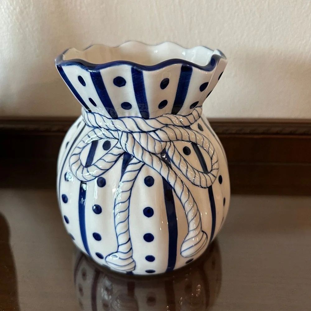 Strata Group Blue White Ceramic Bag Vase 7'' x 6'' Polka Dot Stripe Thailand